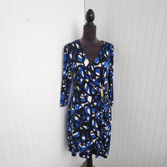 Calvin Klein Black and Blue Sheath Dress with V-Neck and 3/4 Sleeves - Picture 1 of 15